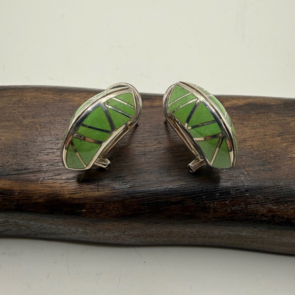Sterling Silver Gaspeite Inlay Earrings Southwestern Half Hoop Chunky